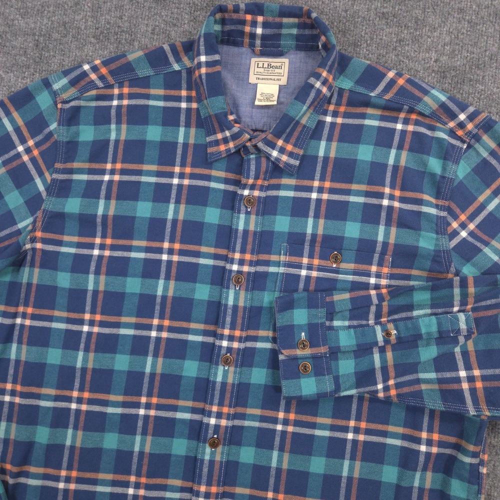 LL Bean BeanFlex All-Season Flannel Shirt Mens Large Blue Orange Plaid Stretch